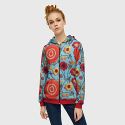 Толстовка на молнии женская Эффект вышивки маки, цвет: 3D-красный — фото 2