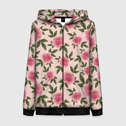 Толстовка на молнии женская Акварельные розы на бежевом - паттерн, цвет: 3D-черный