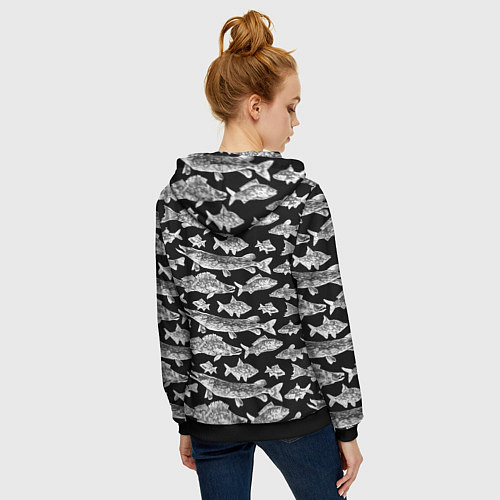 Женская толстовка на молнии Городской паттерн о рыбалке / 3D-Черный – фото 4