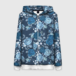 Толстовка на молнии женская Голубые розы паттерн, цвет: 3D-белый