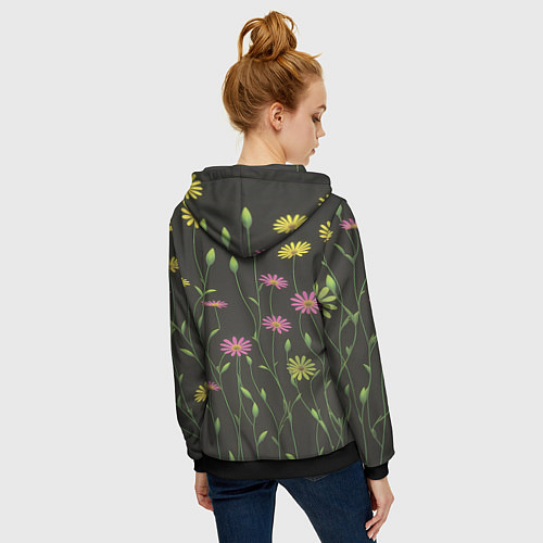 Женская толстовка на молнии Полевые цветочки на темном фоне / 3D-Черный – фото 4