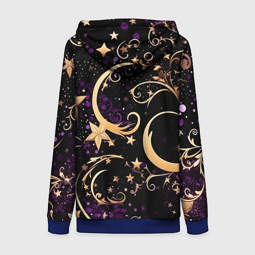 Женская толстовка на молнии Чёрный паттерн со звёздами и лунами / 3D-Синий – фото 2