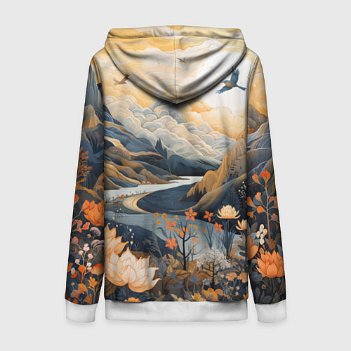 Женская толстовка на молнии Солнечное утро в цветущих горах / 3D-Белый – фото 2
