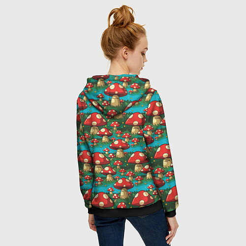 Женская толстовка на молнии Мультяшный мухомор паттерн / 3D-Черный – фото 4