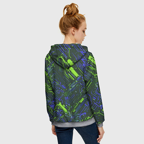 Женская толстовка на молнии Киберпанк линии зелёные и синие / 3D-Меланж – фото 4