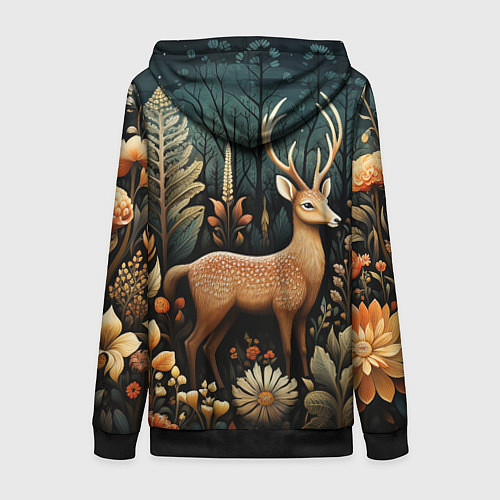 Женская толстовка на молнии Лесной олень в стиле фолк-арт / 3D-Черный – фото 2