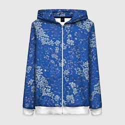 Толстовка на молнии женская Белые лепестки на синем фоне, цвет: 3D-белый