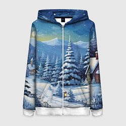 Толстовка на молнии женская Новогодние елки в снегу, цвет: 3D-белый