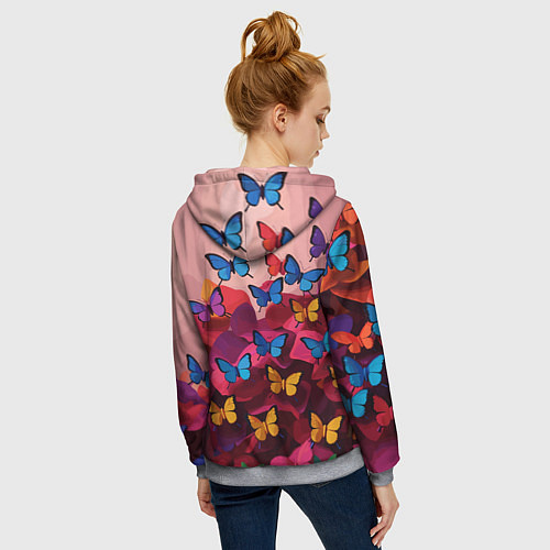 Женская толстовка на молнии Разноцветные бабочки - розовые цветы / 3D-Меланж – фото 4