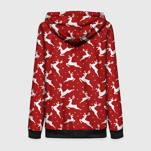 Женская толстовка на молнии Красный паттерн с новогодними оленями / 3D-Черный – фото 2