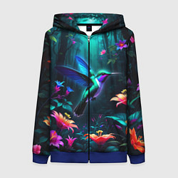 Толстовка на молнии женская Колибри в темном лесу, цвет: 3D-синий