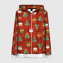 Толстовка на молнии женская Елочки и Санта - паттерн красная клетка, цвет: 3D-белый