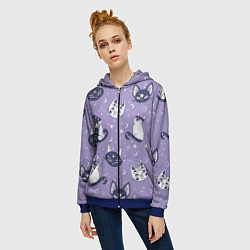 Толстовка на молнии женская Мистические кошечки - паттерн фиолетовый, цвет: 3D-синий — фото 2