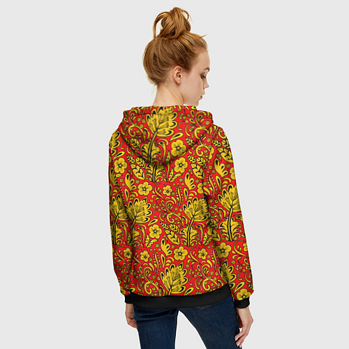 Женская толстовка на молнии Хохломская роспись золотистые цветы на красном фон / 3D-Черный – фото 4