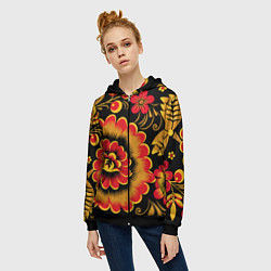 Толстовка на молнии женская Хохломская роспись красно-жёлтые цветы на чёрном ф, цвет: 3D-черный — фото 2