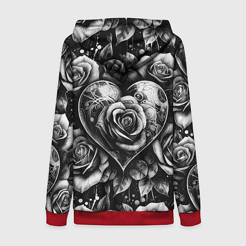 Женская толстовка на молнии Черно белое сердце и розы / 3D-Красный – фото 2