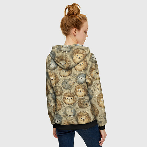 Женская толстовка на молнии Паттерн лесной ежик / 3D-Черный – фото 4