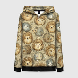 Толстовка на молнии женская Паттерн лесной ежик, цвет: 3D-черный