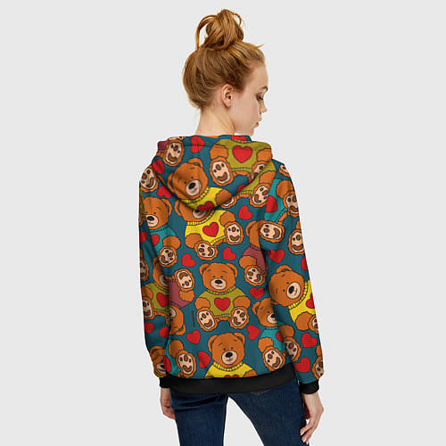 Женская толстовка на молнии Мишки игрушки в цветных свитерах и сердечки / 3D-Черный – фото 4