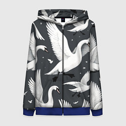 Толстовка на молнии женская Стая белых лебедей летящих в небе, цвет: 3D-синий