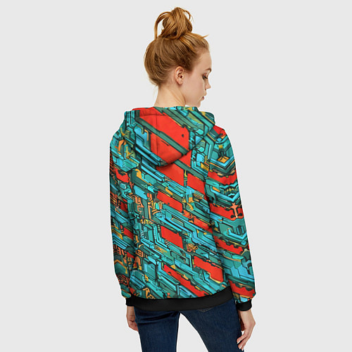 Женская толстовка на молнии Голубые фрагменты на красном фоне / 3D-Черный – фото 4