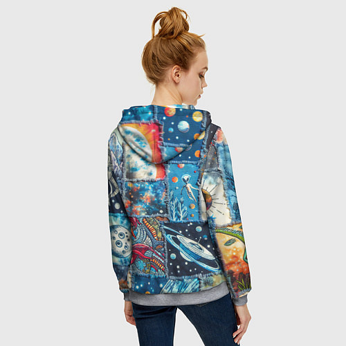 Женская толстовка на молнии Космические обитатели на дениме / 3D-Меланж – фото 4