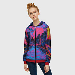 Толстовка на молнии женская Город в психоделических цветах, цвет: 3D-красный — фото 2