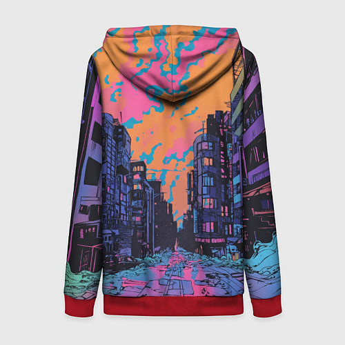 Женская толстовка на молнии Киберпанк город в стиле комиксов / 3D-Красный – фото 2