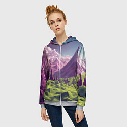 Толстовка на молнии женская Геометрический зеленый пейзаж и фиолетовые горы, цвет: 3D-меланж — фото 2