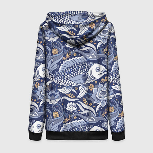 Женская толстовка на молнии Рыба карп - синий корейский узор / 3D-Черный – фото 2