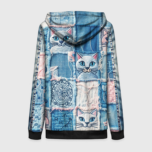 Женская толстовка на молнии Кошки на пэчворк джинсах паттерн / 3D-Черный – фото 2