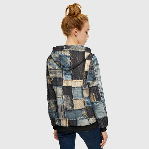 Женская толстовка на молнии Заплатки пэчворк на джинсе / 3D-Черный – фото 4