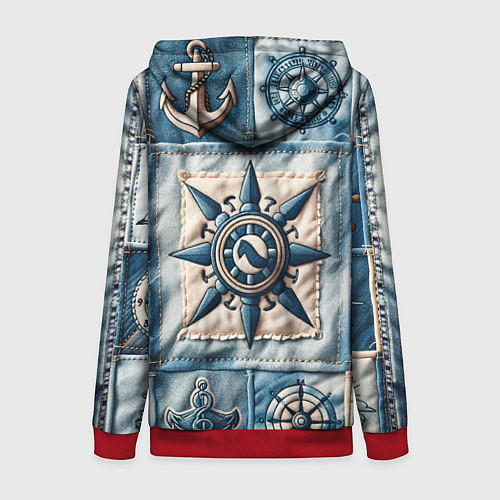 Женская толстовка на молнии Пэчворк с якорем - джинсовка моряка / 3D-Красный – фото 2