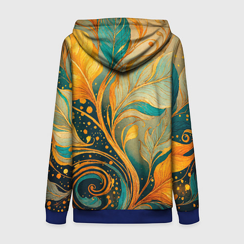 Женская толстовка на молнии Золотые и бирюзовые листья абстракция / 3D-Синий – фото 2