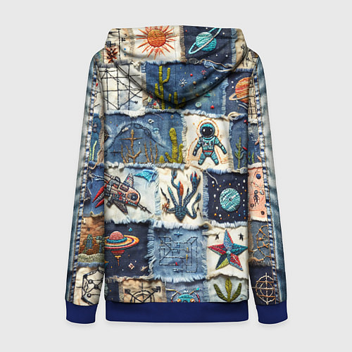 Женская толстовка на молнии Джинсовый пэчворк с пришельцами / 3D-Синий – фото 2