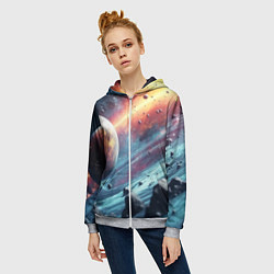 Толстовка на молнии женская Объемный космос и планеты, цвет: 3D-меланж — фото 2