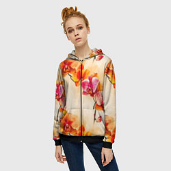 Толстовка на молнии женская Оранжевые орхидеи акварельные, цвет: 3D-черный — фото 2