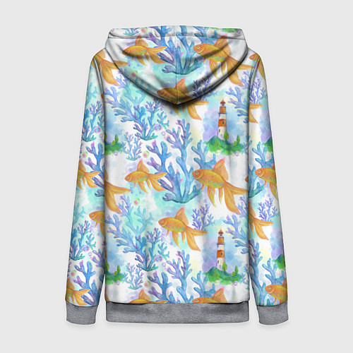 Женская толстовка на молнии Золотая рыбка и кораллы акварельные / 3D-Меланж – фото 2