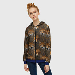 Толстовка на молнии женская Лакшери паттерн с золотыми лисицами, цвет: 3D-синий — фото 2