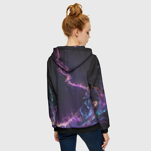 Женская толстовка на молнии Неоновый сиреневый дракон на черном фоне / 3D-Черный – фото 4