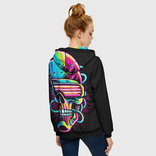 Женская толстовка на молнии Cyber skull - ai art neon / 3D-Черный – фото 4