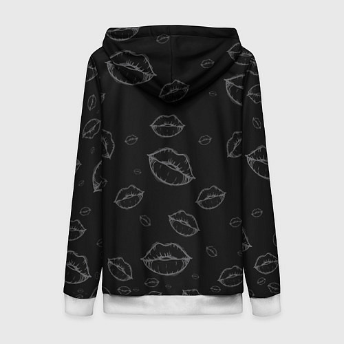 Женская толстовка на молнии Паттерн серый контур губ на чёрном - lips black / 3D-Белый – фото 2