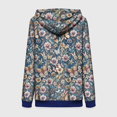 Женская толстовка на молнии Летний узор с цветами и бабочками / 3D-Синий – фото 2