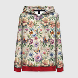 Толстовка на молнии женская Летний узор с цветами и бабочками, цвет: 3D-красный