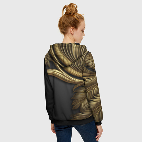 Женская толстовка на молнии Золотые объемные листья на черном / 3D-Черный – фото 4