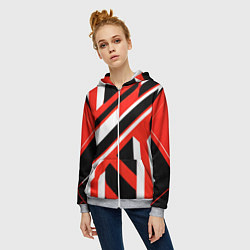 Толстовка на молнии женская Чёрно-красные полосы на белом фоне, цвет: 3D-меланж — фото 2