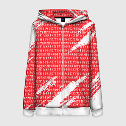 Толстовка на молнии женская Руны на красно-белом рваном фоне, цвет: 3D-белый