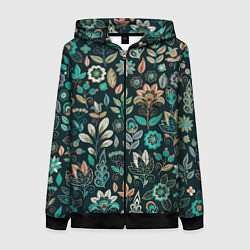 Толстовка на молнии женская Вышивка цветочный узор, цвет: 3D-черный