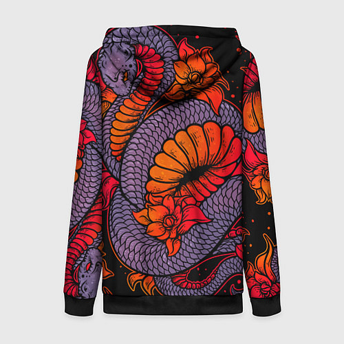 Женская толстовка на молнии Цветы и змея - Японский стиль / 3D-Черный – фото 2