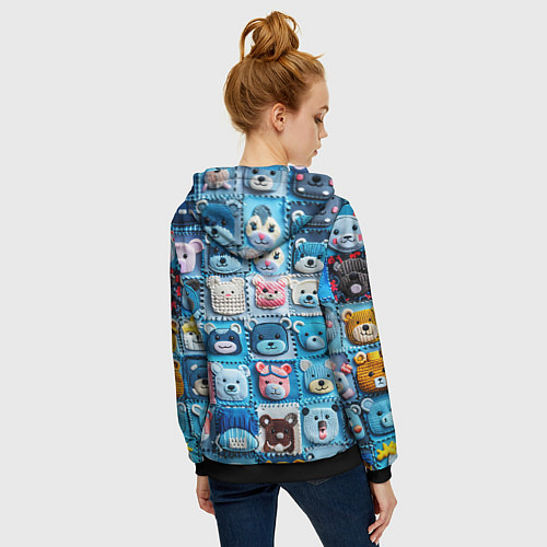 Женская толстовка на молнии Пэчворк с мишками / 3D-Черный – фото 4